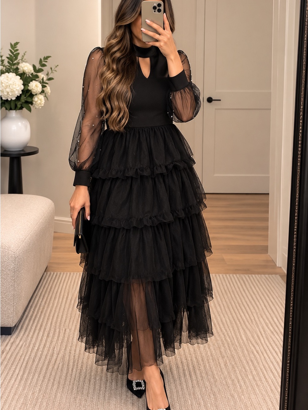 Black Tiered Tulle Dress with Sheer Sleeves